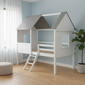 HomeRoots Gray Canopy Loft Bed with Shelves - Stylish Space-Saving Design for Kids, Teens & Guest Rooms 596450