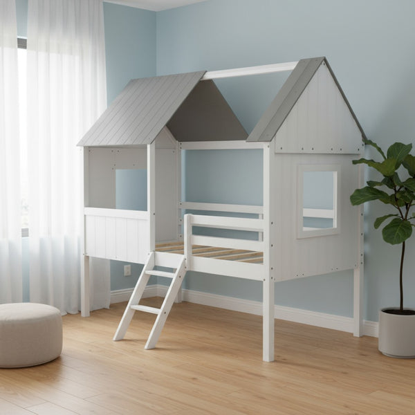 HomeRoots Gray Canopy Loft Bed with Shelves - Stylish Space-Saving Design for Kids, Teens & Guest Rooms 596450