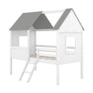 HomeRoots Gray Canopy Loft Bed with Shelves - Stylish Space-Saving Design for Kids, Teens & Guest Rooms 596450