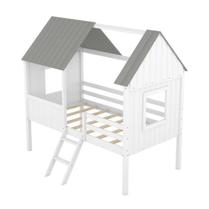 HomeRoots Gray Canopy Loft Bed with Shelves - Stylish Space-Saving Design for Kids, Teens & Guest Rooms 596450