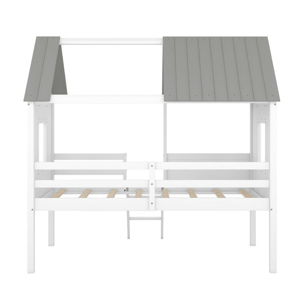 HomeRoots Gray Canopy Loft Bed with Shelves - Stylish Space-Saving Design for Kids, Teens & Guest Rooms 596450