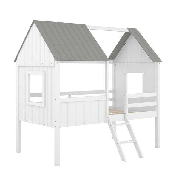HomeRoots Gray Canopy Loft Bed with Shelves - Stylish Space-Saving Design for Kids, Teens & Guest Rooms 596450
