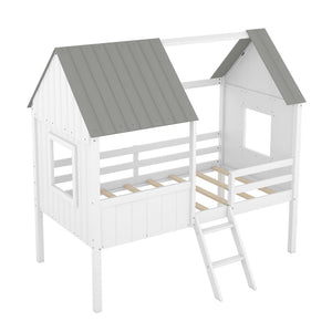 HomeRoots Gray Canopy Loft Bed with Shelves - Stylish Space-Saving Design for Kids, Teens & Guest Rooms 596450