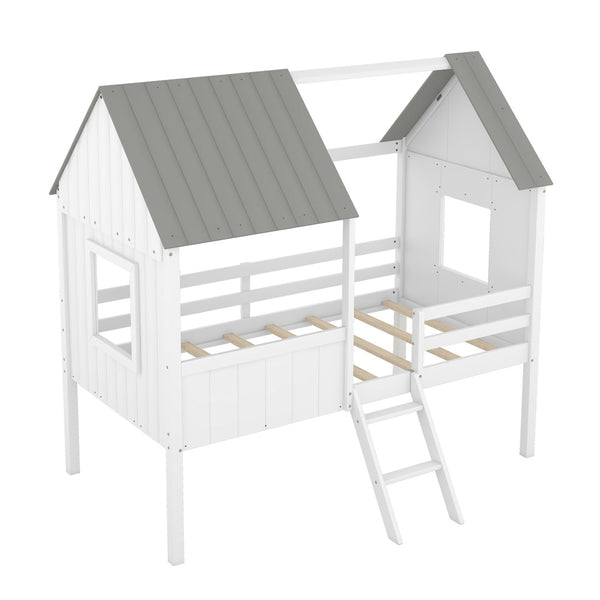 HomeRoots Gray Canopy Loft Bed with Shelves - Stylish Space-Saving Design for Kids, Teens & Guest Rooms 596450