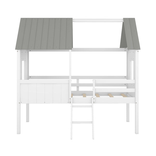 HomeRoots Gray Canopy Loft Bed with Shelves - Stylish Space-Saving Design for Kids, Teens & Guest Rooms 596450
