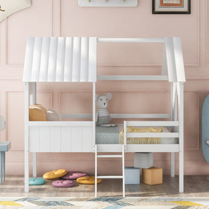 HomeRoots White Canopy Twin Loft Bed with Storage Shelves - Space-Saving Design for Kids & Teens' Rooms 596451
