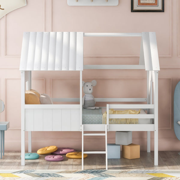 HomeRoots White Canopy Twin Loft Bed with Storage Shelves - Space-Saving Design for Kids & Teens' Rooms 596451