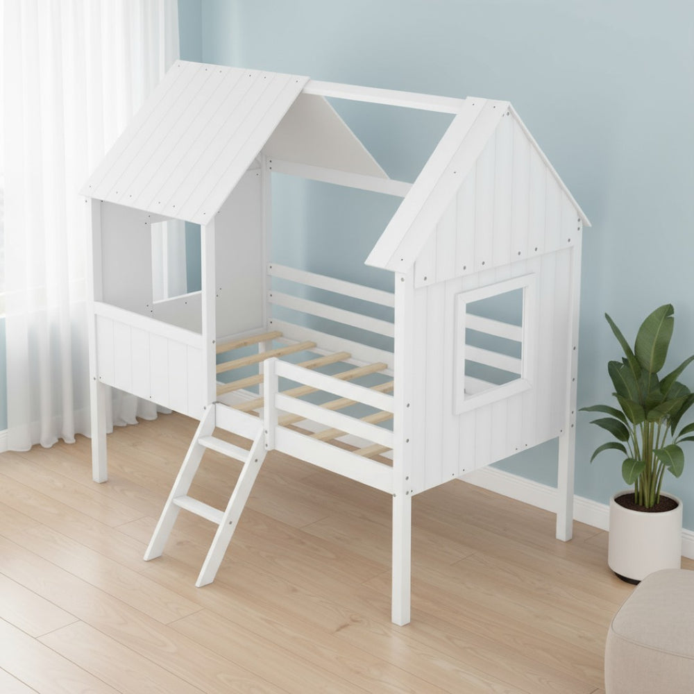 HomeRoots White Canopy Twin Loft Bed with Storage Shelves - Space-Saving Design for Kids & Teens' Rooms 596451