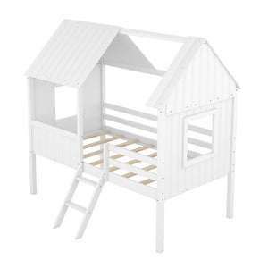 HomeRoots White Canopy Twin Loft Bed with Storage Shelves - Space-Saving Design for Kids & Teens' Rooms 596451