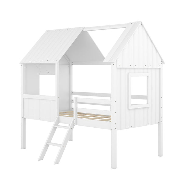 HomeRoots White Canopy Twin Loft Bed with Storage Shelves - Space-Saving Design for Kids & Teens' Rooms 596451