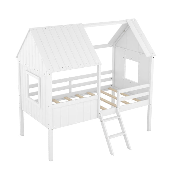 HomeRoots White Canopy Twin Loft Bed with Storage Shelves - Space-Saving Design for Kids & Teens' Rooms 596451