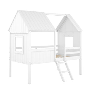 HomeRoots White Canopy Twin Loft Bed with Storage Shelves - Space-Saving Design for Kids & Teens' Rooms 596451
