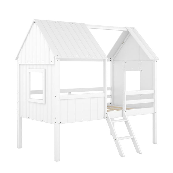 HomeRoots White Canopy Twin Loft Bed with Storage Shelves - Space-Saving Design for Kids & Teens' Rooms 596451