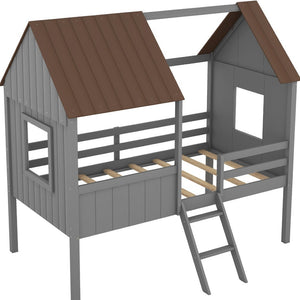 HomeRoots Gray Canopy Twin Loft Bed with Built-In Shelves – Space-Saving Design for Modern Kids' Rooms 596452