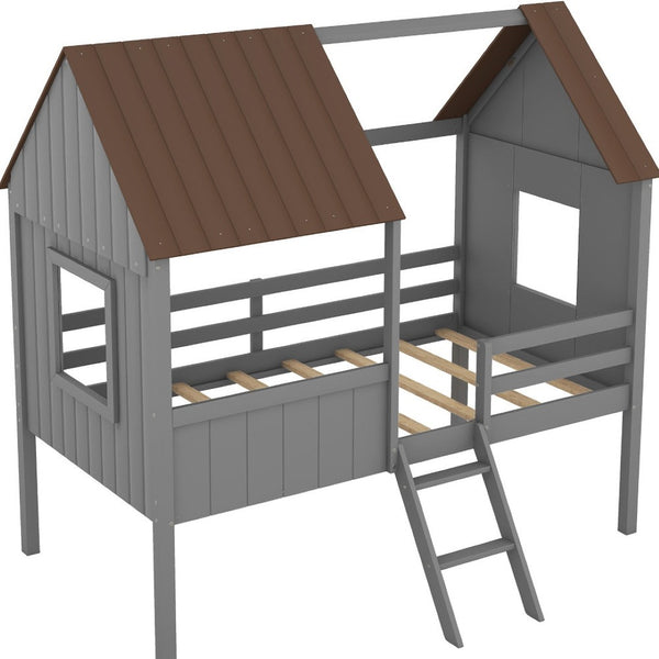 HomeRoots Gray Canopy Twin Loft Bed with Built-In Shelves – Space-Saving Design for Modern Kids' Rooms 596452