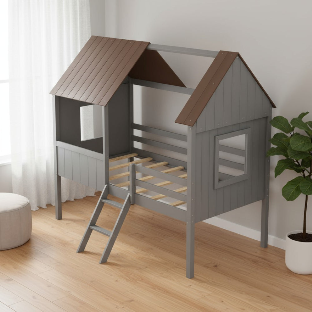 HomeRoots Gray Canopy Twin Loft Bed with Built-In Shelves – Space-Saving Design for Modern Kids' Rooms 596452