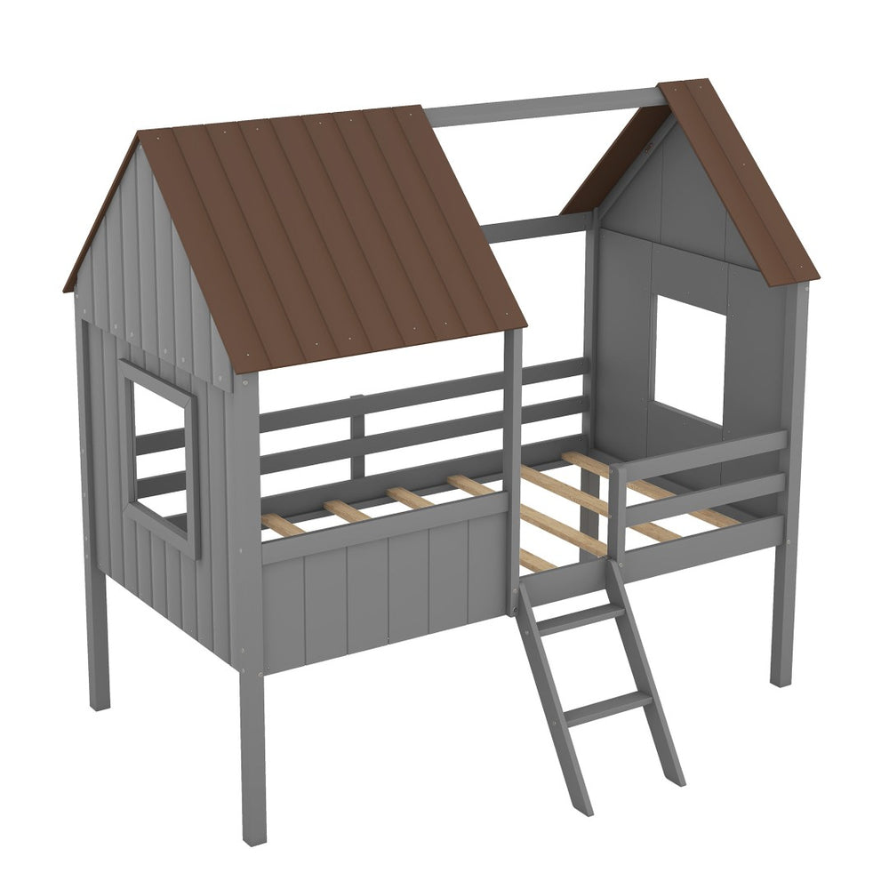 HomeRoots Gray Canopy Twin Loft Bed with Built-In Shelves – Space-Saving Design for Modern Kids' Rooms 596452