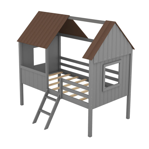 HomeRoots Gray Canopy Twin Loft Bed with Built-In Shelves – Space-Saving Design for Modern Kids' Rooms 596452