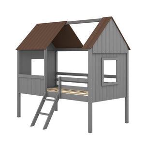HomeRoots Gray Canopy Twin Loft Bed with Built-In Shelves – Space-Saving Design for Modern Kids' Rooms 596452