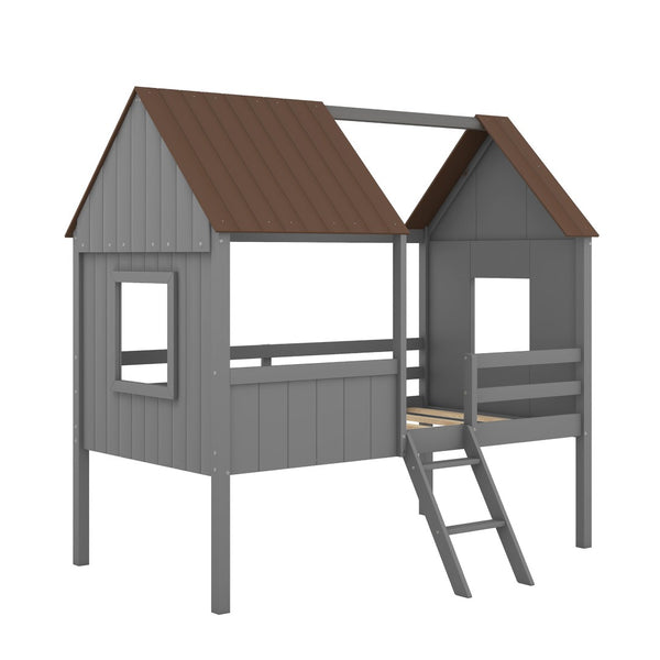 HomeRoots Gray Canopy Twin Loft Bed with Built-In Shelves – Space-Saving Design for Modern Kids' Rooms 596452