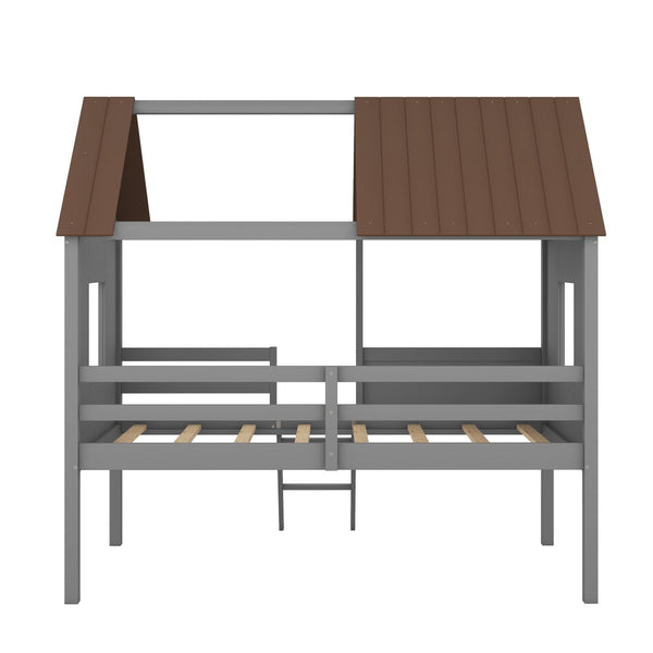 HomeRoots Gray Canopy Twin Loft Bed with Built-In Shelves – Space-Saving Design for Modern Kids' Rooms 596452