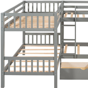 HomeRoots Gray Twin Over Twin L-Shaped Wood Bunk Bed with Storage Drawers – Space-Saving & Stylish Design 596454