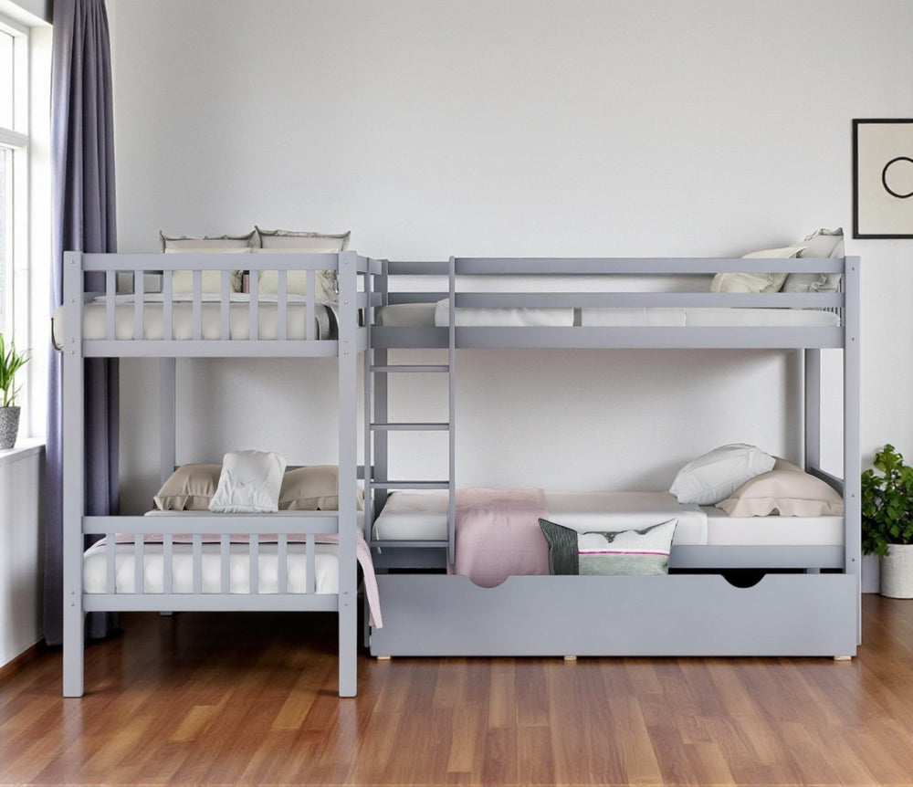 HomeRoots Gray Twin Over Twin L-Shaped Wood Bunk Bed with Storage Drawers – Space-Saving & Stylish Design 596454