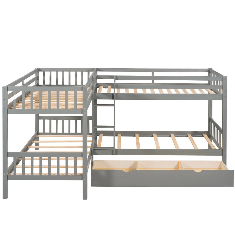 HomeRoots Gray Twin Over Twin L-Shaped Wood Bunk Bed with Storage Drawers – Space-Saving & Stylish Design 596454