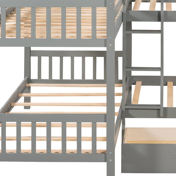 HomeRoots Gray Twin Over Twin L-Shaped Wood Bunk Bed with Storage Drawers – Space-Saving & Stylish Design 596454