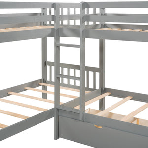 HomeRoots Gray Twin Over Twin L-Shaped Wood Bunk Bed with Storage Drawers – Space-Saving & Stylish Design 596454