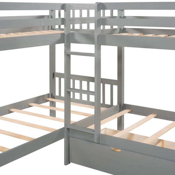 HomeRoots Gray Twin Over Twin L-Shaped Wood Bunk Bed with Storage Drawers – Space-Saving & Stylish Design 596454