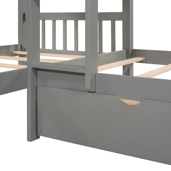 HomeRoots Gray Twin Over Twin L-Shaped Wood Bunk Bed with Storage Drawers – Space-Saving & Stylish Design 596454