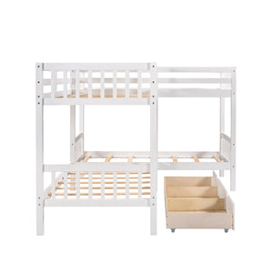 HomeRoots White Twin Over Twin Wood Bunk Bed with Storage Drawers, Safety Guardrails & Versatile Design 596455