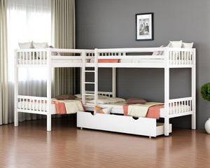 HomeRoots White Twin Over Twin Wood Bunk Bed with Storage Drawers, Safety Guardrails & Versatile Design 596455