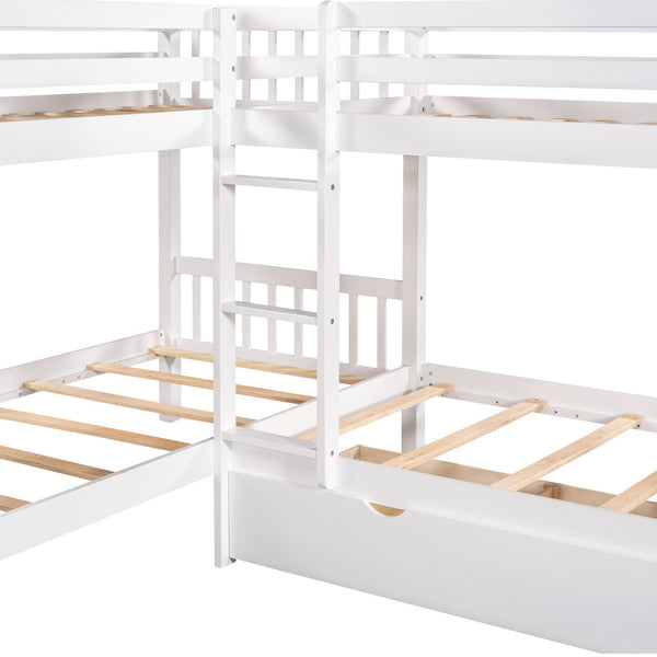 HomeRoots White Twin Over Twin Wood Bunk Bed with Storage Drawers, Safety Guardrails & Versatile Design 596455