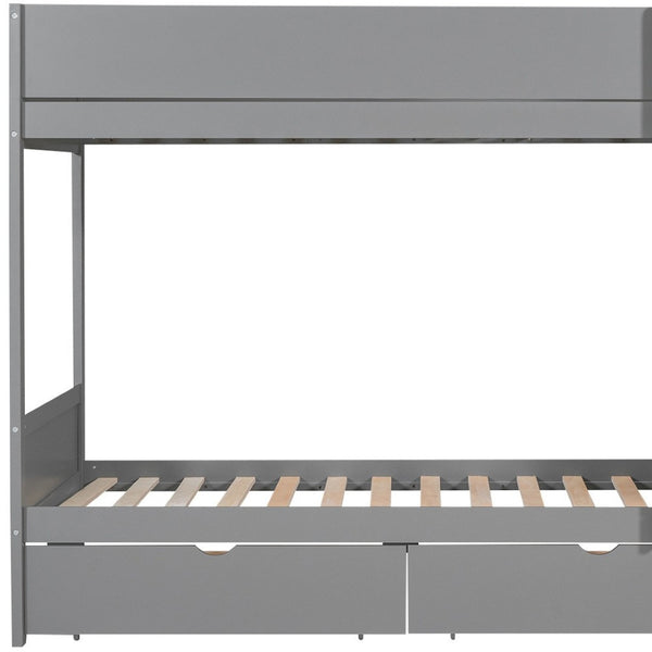 HomeRoots Gray Twin Over Twin Bunk Bed with Storage Drawers & Bookshelf - Space-Saving Design for Kids 596456