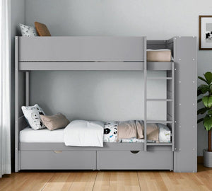 HomeRoots Gray Twin Over Twin Bunk Bed with Storage Drawers & Bookshelf - Space-Saving Design for Kids 596456