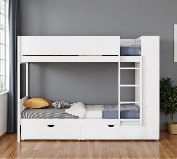 HomeRoots White Twin Over Twin Bunk Bed with Storage Drawers and Bookcase - Perfect Space-Saving Solution! 596457