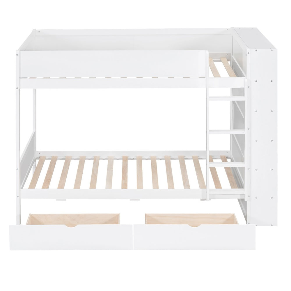 HomeRoots White Twin Over Twin Bunk Bed with Storage Drawers and Bookcase - Perfect Space-Saving Solution! 596457