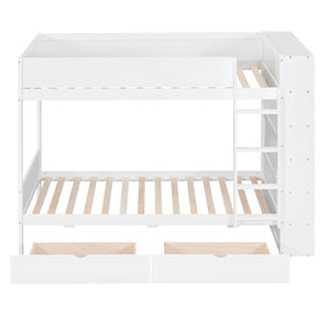 HomeRoots White Twin Over Twin Bunk Bed with Storage Drawers and Bookcase - Perfect Space-Saving Solution! 596457