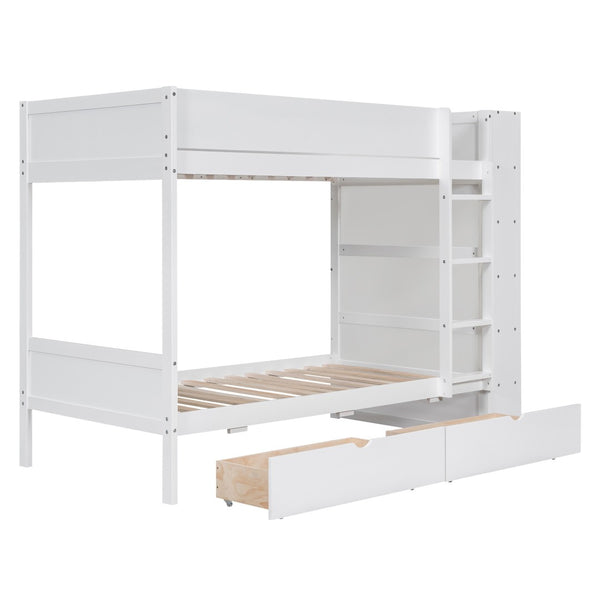 HomeRoots White Twin Over Twin Bunk Bed with Storage Drawers and Bookcase - Perfect Space-Saving Solution! 596457