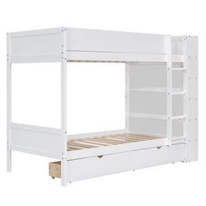 HomeRoots White Twin Over Twin Bunk Bed with Storage Drawers and Bookcase - Perfect Space-Saving Solution! 596457