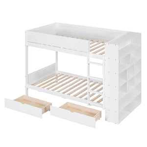 HomeRoots White Twin Over Twin Bunk Bed with Storage Drawers and Bookcase - Perfect Space-Saving Solution! 596457
