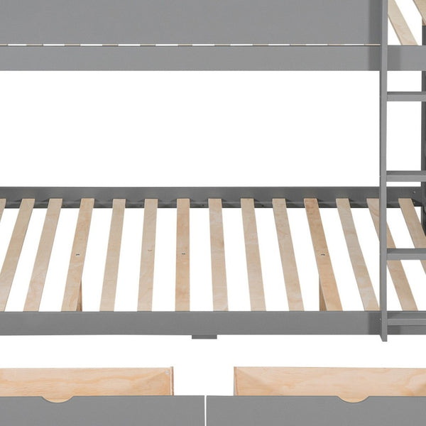 HomeRoots Gray Full Over Full Wood Bunk Bed with Built-In Storage, Stairs, and Safety Features for Stylish Spaces 596458