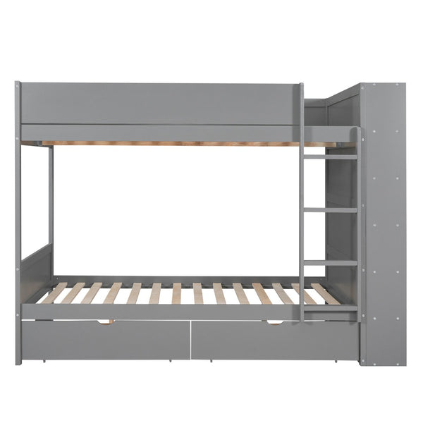HomeRoots Gray Full Over Full Wood Bunk Bed with Built-In Storage, Stairs, and Safety Features for Stylish Spaces 596458