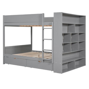 HomeRoots Gray Full Over Full Wood Bunk Bed with Built-In Storage, Stairs, and Safety Features for Stylish Spaces 596458