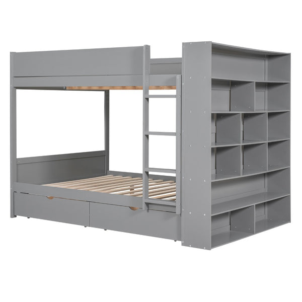 HomeRoots Gray Full Over Full Wood Bunk Bed with Built-In Storage, Stairs, and Safety Features for Stylish Spaces 596458