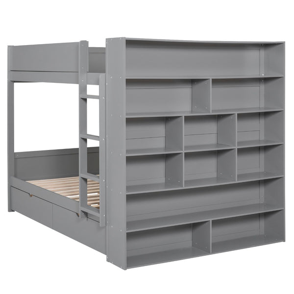 HomeRoots Gray Full Over Full Wood Bunk Bed with Built-In Storage, Stairs, and Safety Features for Stylish Spaces 596458