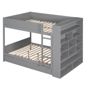 HomeRoots Gray Full Over Full Wood Bunk Bed with Built-In Storage, Stairs, and Safety Features for Stylish Spaces 596458