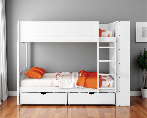 HomeRoots White Full Over Full Wood Bunk Bed with Drawers, Storage & Safety Guardrails for Kids' Rooms 596459